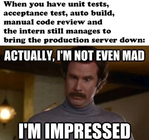 When you have unit tests acceptance test auto build manual code review and the intern still manages to bring the production server down ACTUALLY IM NOT EVEN MAD