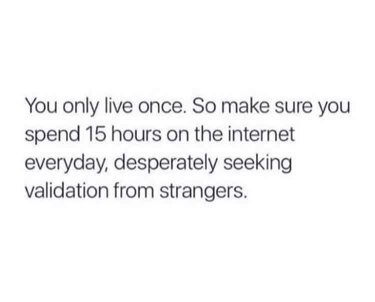 You only live once So make sure you spend 15 hours on the internet everyday desperately seeking validation from strangers