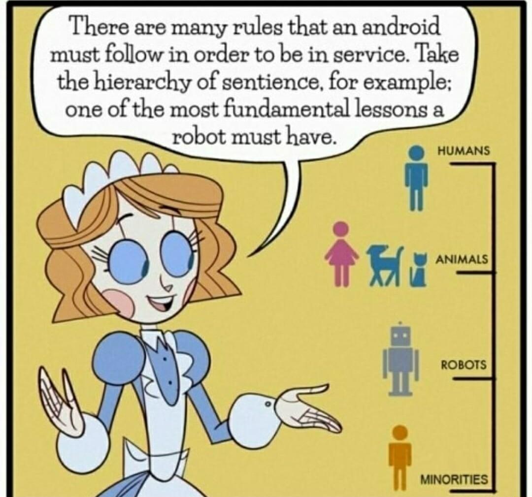 There are many rules that an android must follow in order to be in service Take the hierarchy of sentience for example one of the most fundamental lessons a robot must have i HumANS LS PE I