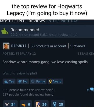 the top review for Hogwarts Legacy im going to buy it now 3 Recommended 4 REPUNTE 63 pro 9 revi Shadow wizard money gang we love casting spells Yes No Funny Q Award w2 46 Fae Q25