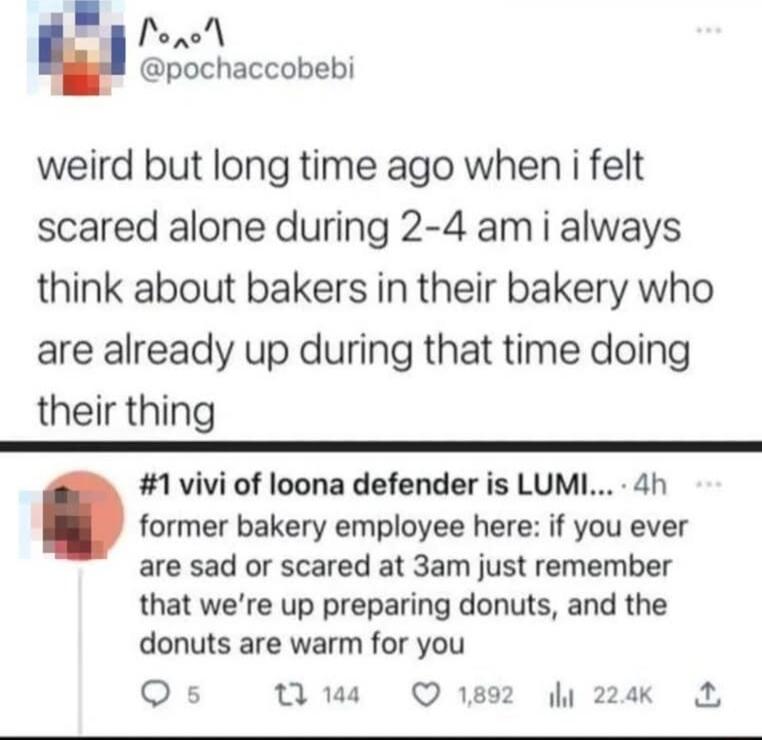 weird but long time ago when i felt scared alone during 2-4 am i always think about bakers in their bakery who are already up during that time doing their thing. #1 vivi of loona defender is LUMI... 4h former bakery employee here: if you ever are sad or scared at 3am just remember that we're up preparing donuts, and the donuts are warm for you.