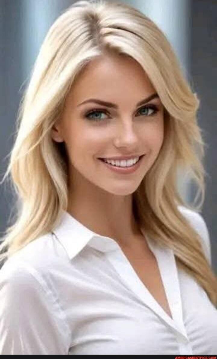 Portrait of a blonde woman smiling, wearing a white shirt.