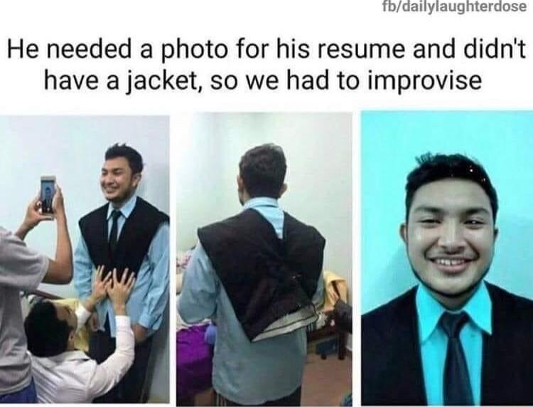 fodellylaughterdose He needed a photo for his resume and didnt have a jacket so we had to improvise