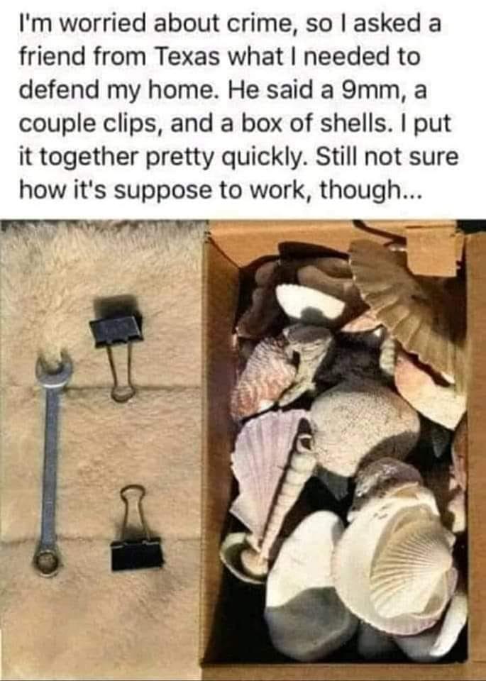 Im worried about crime so asked a friend from Texas what needed to defend my home He said a 9mm a couple clips and a box of shells put it together pretty quickly Still not sure how its suppose to work though