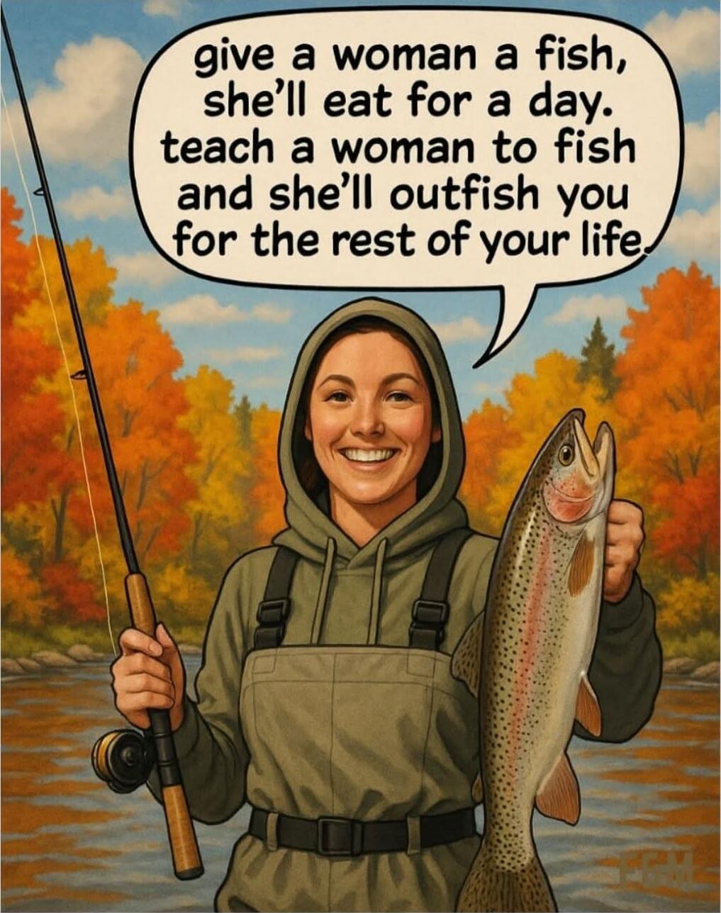 give a woman a fish, she’ll eat for a day. teach a woman to fish and she’ll outfish you for the rest of your life