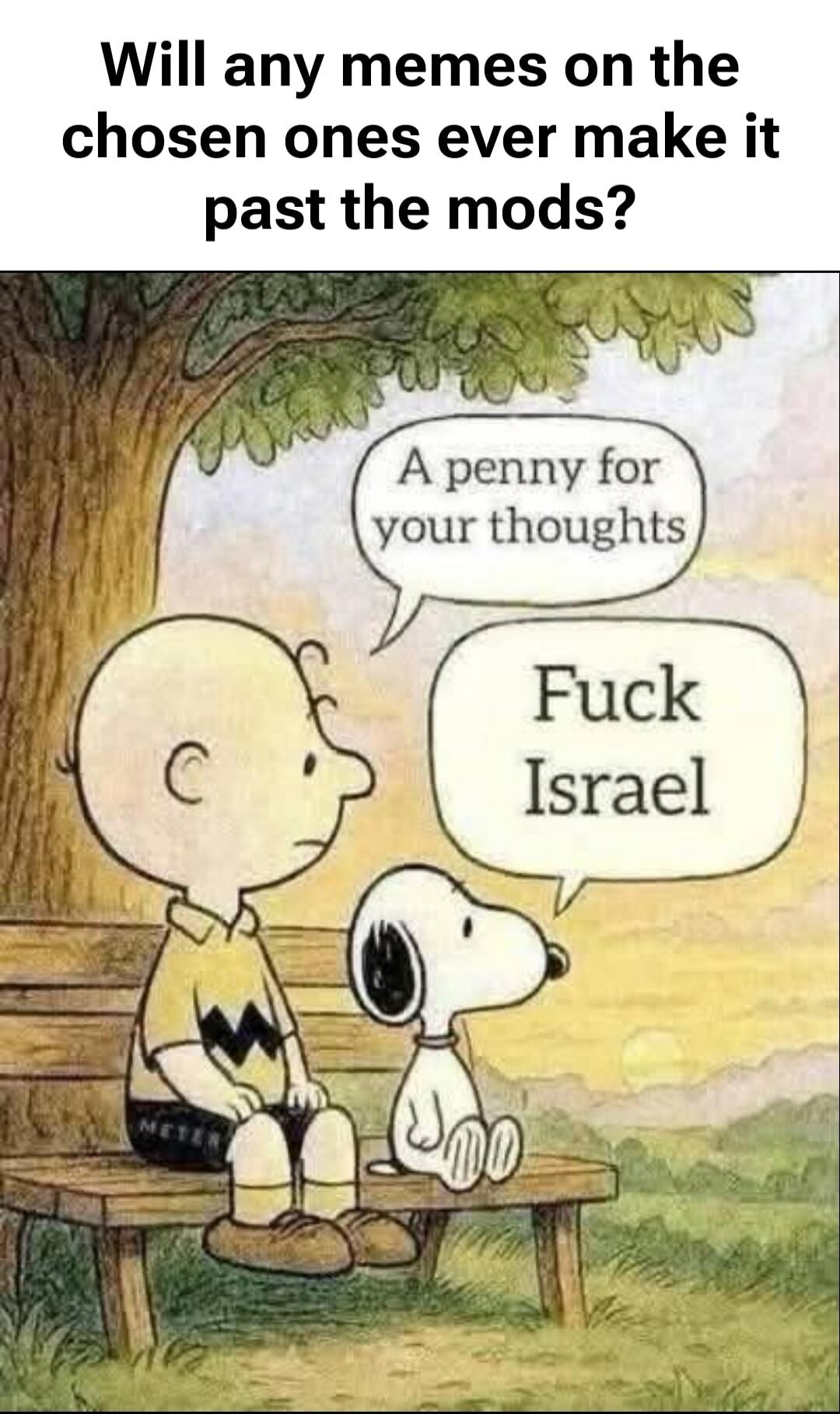 Will any memes on the chosen ones ever make it past the mods? A penny for your thoughts. Fuck Israel