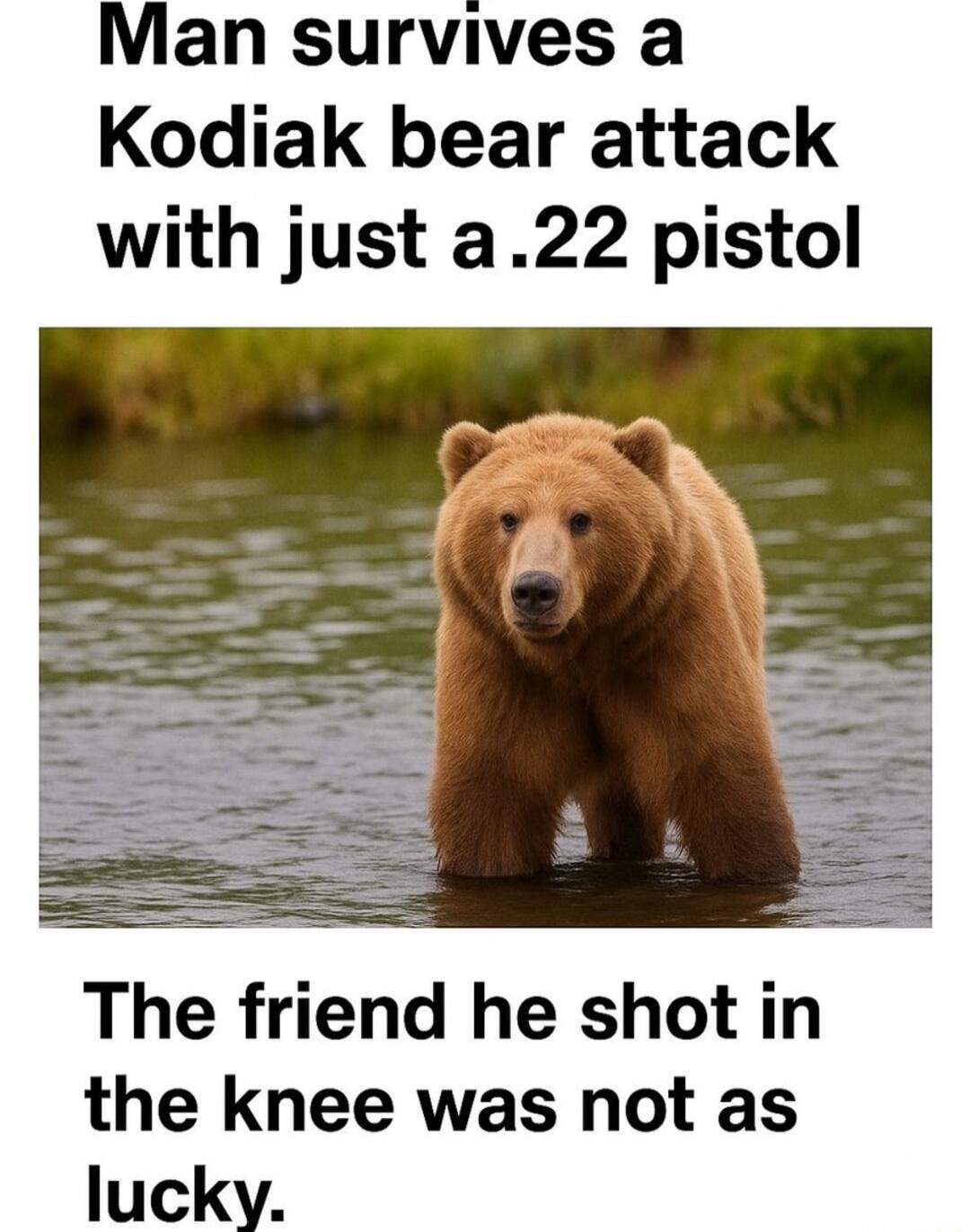 Man survives a Kodiak bear attack with just a .22 pistol

The friend he shot in the knee was not as lucky.