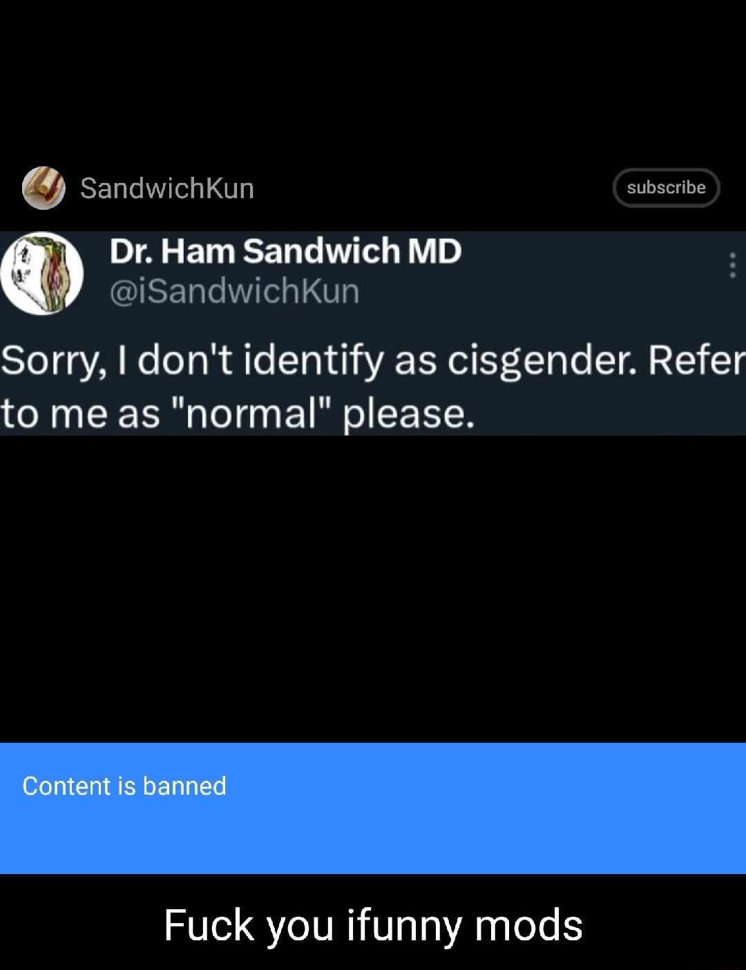 sandwichkun wbscbe TR ELEEL LI GIEN VI Sorry dont identify as cisgender Refer to me as normal please Fuck you ifunny mods