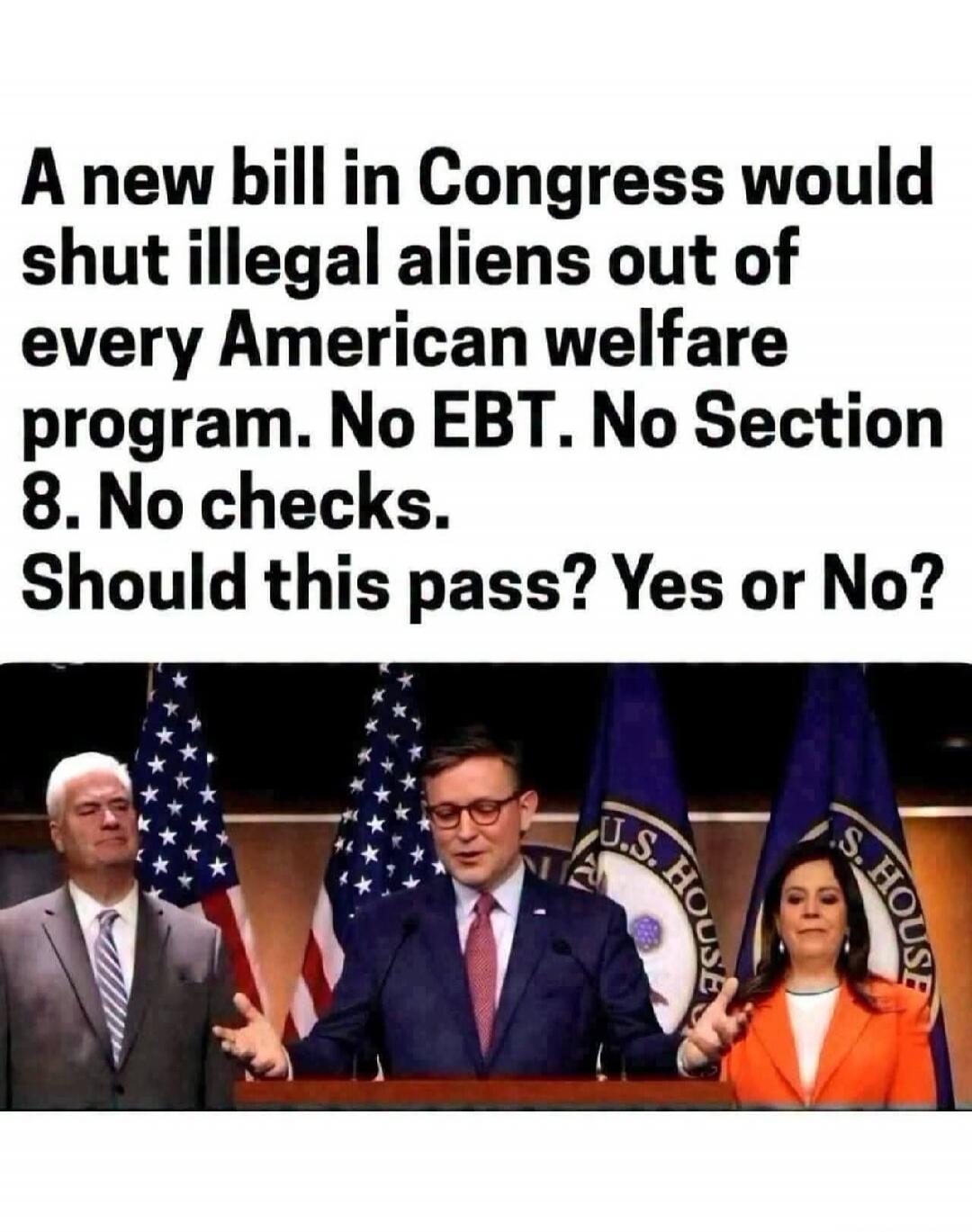 A new bill in Congress would shut illegal aliens out of every American welfare program. No EBT. No Section 8. No checks. Should this pass? Yes or No?