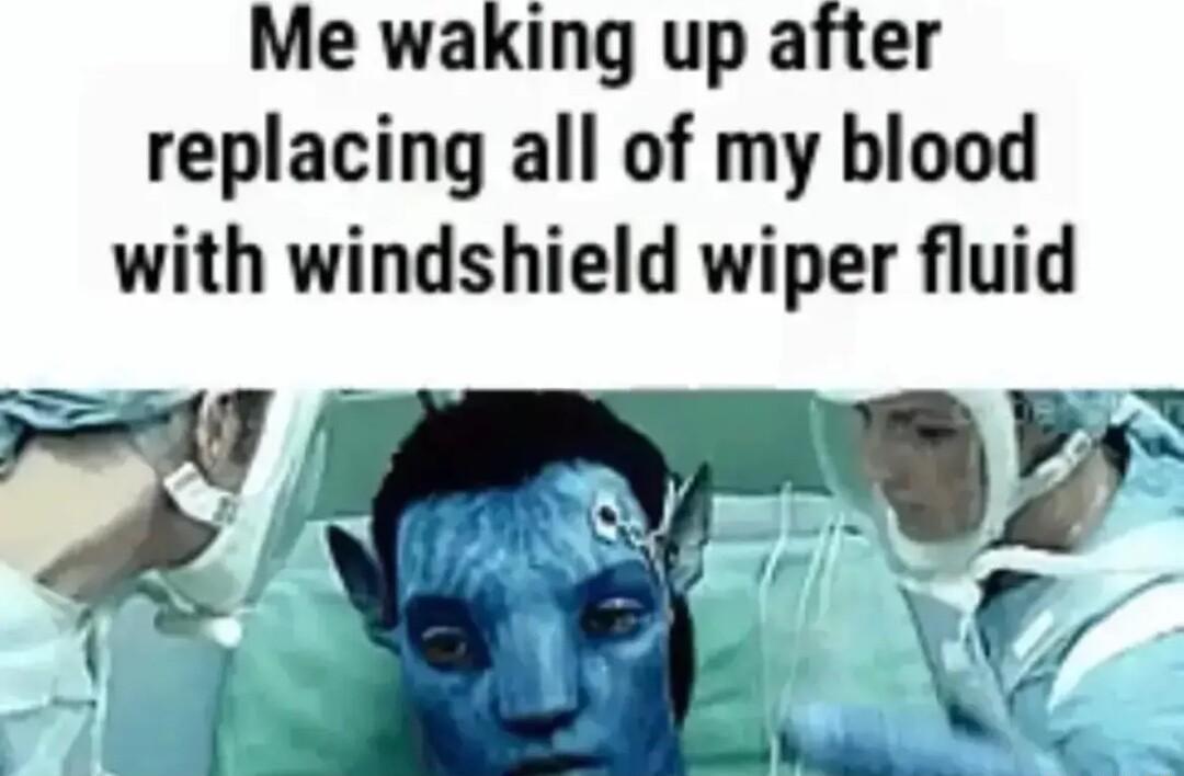 Me waking up after replacing all of my blood with windshield wiper fluid