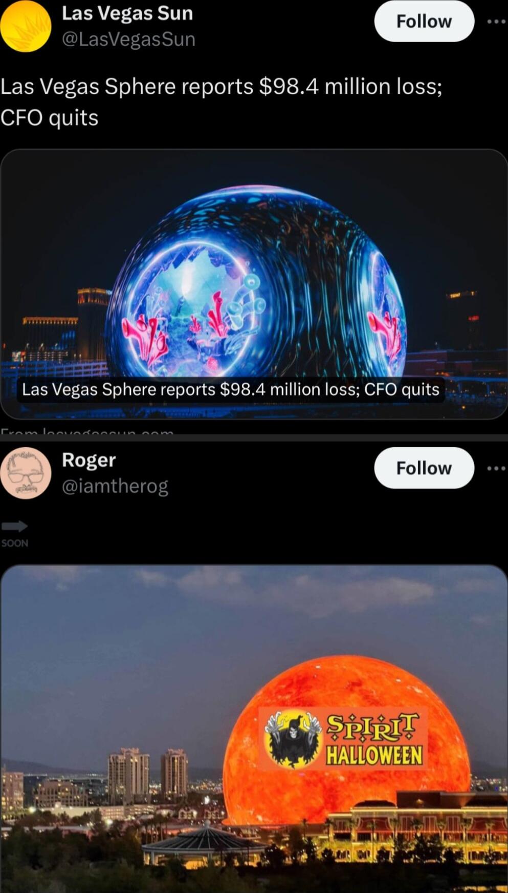 EERVEF EERT Las Vegas Sphere reports 984 million loss CFO quits X N Las Vegas Sphere reports 984 million loss CFO quits e