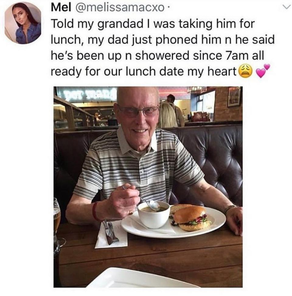 Mel melissamacxo Told my grandad was taking him for lunch my dad just phoned him n he said hes been up n showered since 7am all ready for our lunch date my heart