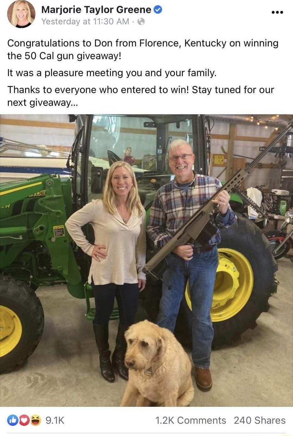 Marjorie Taylor Greene Congratulations to Don from Florence Kentucky on winning the 50 Cal gun giveaway It was a pleasure meeting you and your family Thanks to everyone who entered to win Stay tuned for our next giveaway