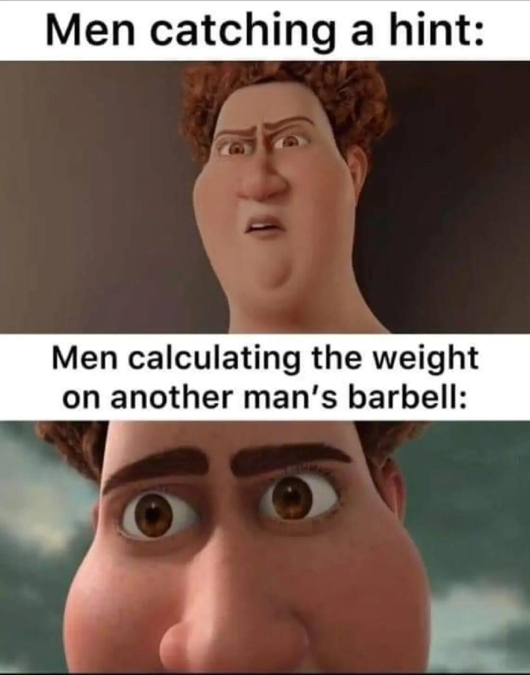 Men catching a hint Men calculating the weight on another mans barbell