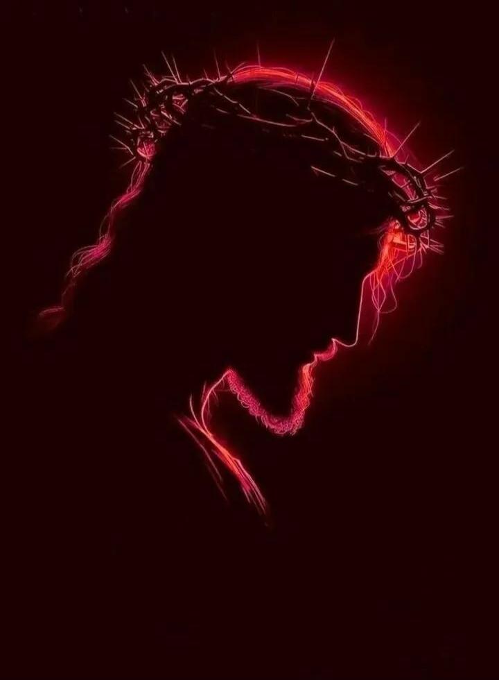 The image shows a silhouette of Jesus Christ wearing a crown of thorns, with neon red outlines highlighting his profile and the thorns. The background is dark red and black.