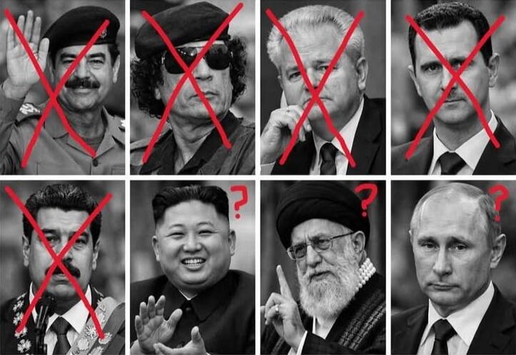 Collage of world leaders with red crosses over most faces.