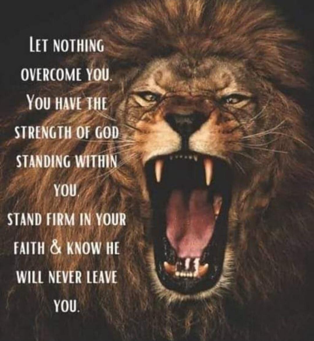 LET NOTHING OVERCOME YOU. YOU HAVE THE STRENGTH OF GOD STANDING WITHIN YOU. STAND FIRM IN YOUR FAITH & KNOW HE WILL NEVER LEAVE YOU.