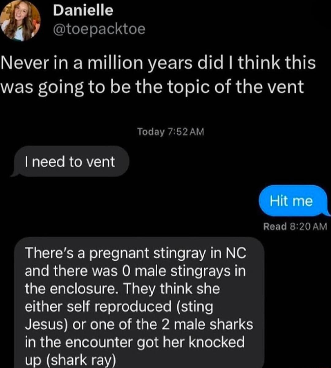 PELIEIEY i toepacktoe Never in a million years did think this was going to be the topic of the vent Today 752AM RCAT Read 8 Theres a pregnant stingray in NC and there was 0 male stingrays in the enclosure They think she either self reproduced sting NESTE NIl NI R G A EIERE EIS in the encounter got her knocked up shark ray