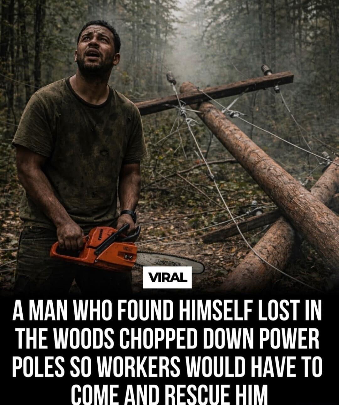 A man who found himself lost in the woods chopped down power poles so workers would have to come and rescue him