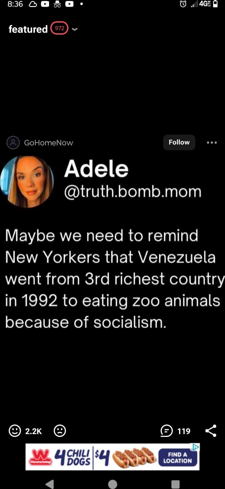 Adele @truth.bomb.mom Maybe we need to remind New Yorkers that Venezuela went from 3rd richest country in 1992 to eating zoo animals because of socialism.