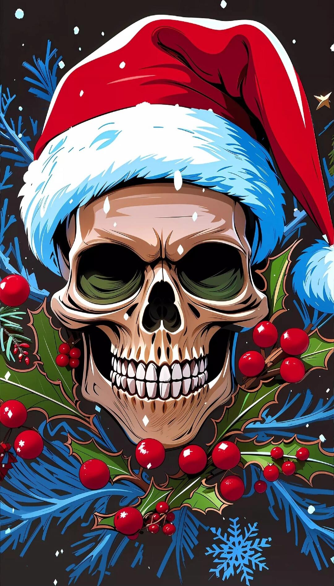 Skull wearing a Santa hat with holly and berries, festive winter design.
