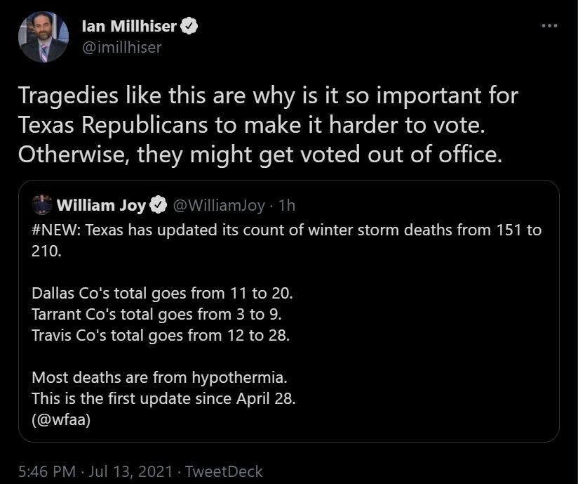 I lan Millhiser III1g Tragedies like this are why is it so important for Texas Republicans to make it harder to vote Otherwise they might get voted out of office william Joy WwilliamJoy 1h LN AR S E I ERT ol E1Ete B e elV g M AW N CIg ol e LT R i el N Y R 0o AL Dallas Cos total goes from 11 to 20 Tarrant Cos total goes from 3 to 9 Travis Cos total goes from 12 to 28 Most deaths are from hypothermi