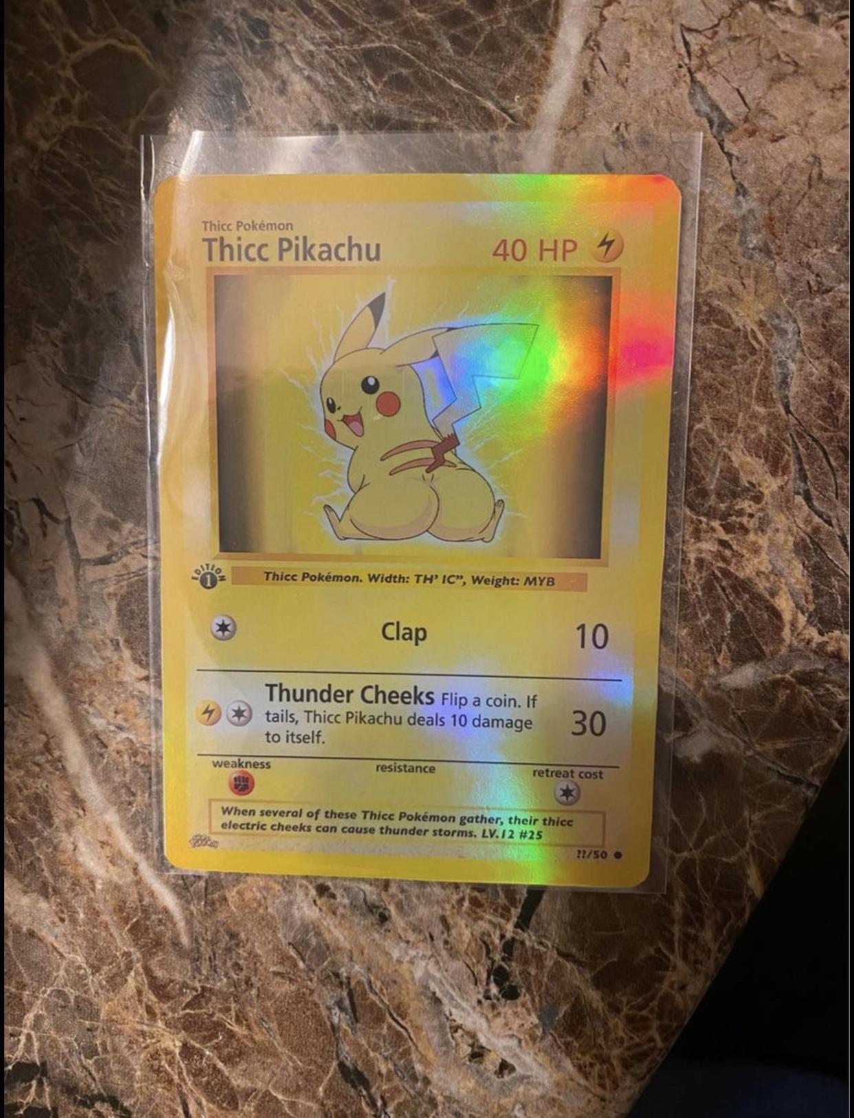 Clap Thunder Cheeks Fiip a coin If tails Thicc Pikachu deals 10 damage to itself et weakness resistance retreat cost When several of these Thice Pokmon gather their thie electric cheeks can cause thunder storms LV12 25