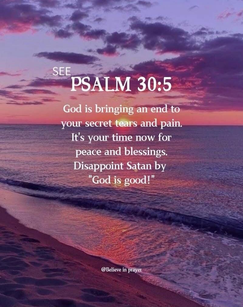SEE PSALM 30:5 God is bringing an end to your secret tears and pain. It's your time now for peace and blessings. Disappoint Satan by 