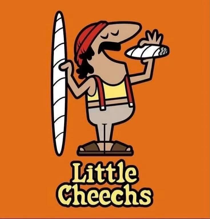 Little Cheechs. A cartoon character resembling the Little Caesar's mascot, wearing a red bandana and holding large marijuana joints.