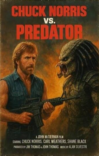 CHUCK NORRIS VS. PREDATOR
A JOHN MC TIERNAN FILM
STARRING CHUCK NORRIS, CARL WEATHERS, SHANE BLACK
PRODUCED BY JIM THOMAS & JOHN THOMAS  MUSIC BY ALAN SILVESTRI