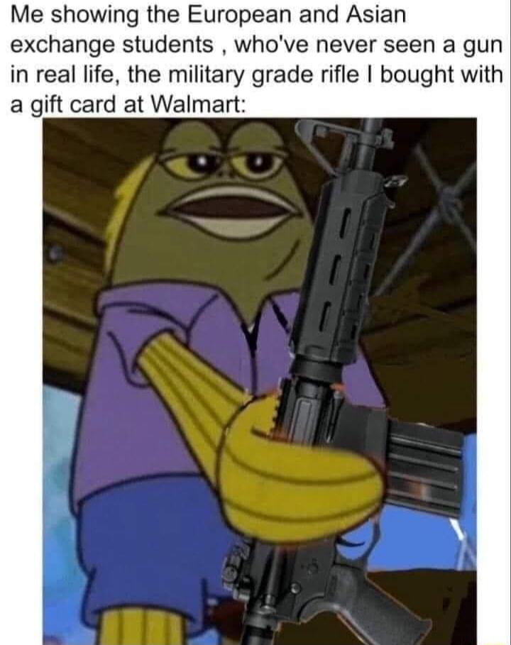 Me showing the European and Asian exchange students whove never seen a gun in real life the military grade rifle bought with a gift card at Walmart