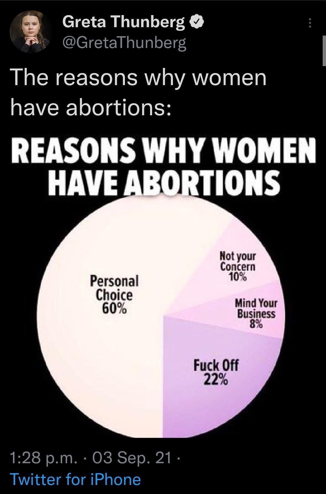 BCIGICRLUGLEEX GretaThunberg The reasons why women have abortions REASONS WHY WOMEN HAVE ABORTIONS Not your Co ncern Personal 10 CE EIEE Mind Your n Eugp_ess o Fuck Off 22 128 pm 03 Sep 21