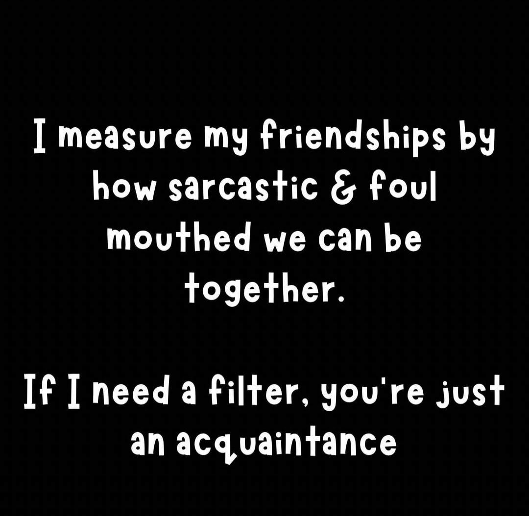 I measure my friendships by how sarcastic & foul mouthed we can be together. If I need a filter, you're just an acquaintance