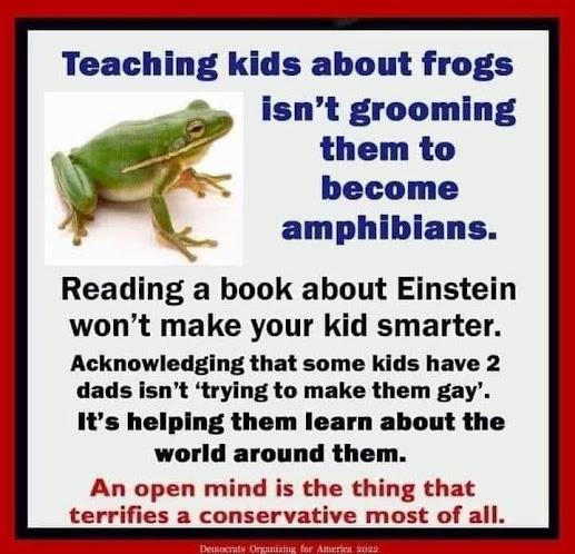 Teaching kids about frogs isnt grooming them to become amphibians Reading a book about Einstein wont make your kid smarter Acknowledging that some kids have 2 dads isnt trying to make them gay Its helping them learn about the world around them An open mind is the thing that terrifies a conservative most of all