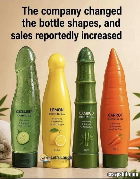 The company changed the bottle shapes, and sales reportedly increased CUCUMBER SOOTHING GEL Moisturising & Refreshing For All Skin Types 250ml LEMON SOOTHING GEL Moisturising & Brightening For All Skin Types 250ml BAMBOO SOOTHING GEL Moisturising & Hydrating For All Skin Types 250ml CARROT SOOTHING GEL Moisturising & Revitalising For All Skin Types