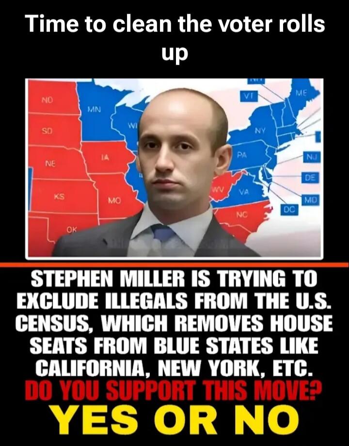Time to clean the voter rolls up. Stephen Miller is trying to exclude illegals from the U.S. census, which removes House seats from blue states like California, New York, etc. Do you support this move? Yes or No.