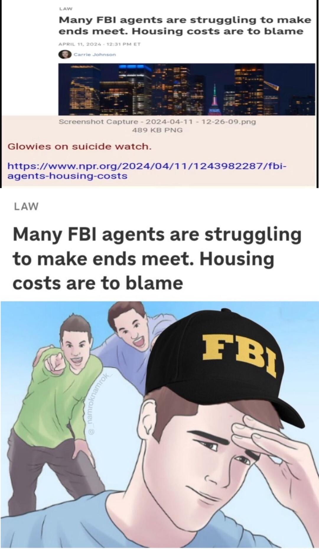 Many FBI agents are struggling to make ends meet Housing costs are to blame Glowles on suicide watch httpswwwnprorg202404111243982287fbi agents housing costs LAW Many FBI agents are struggling to make ends meet Housing costs are to blame