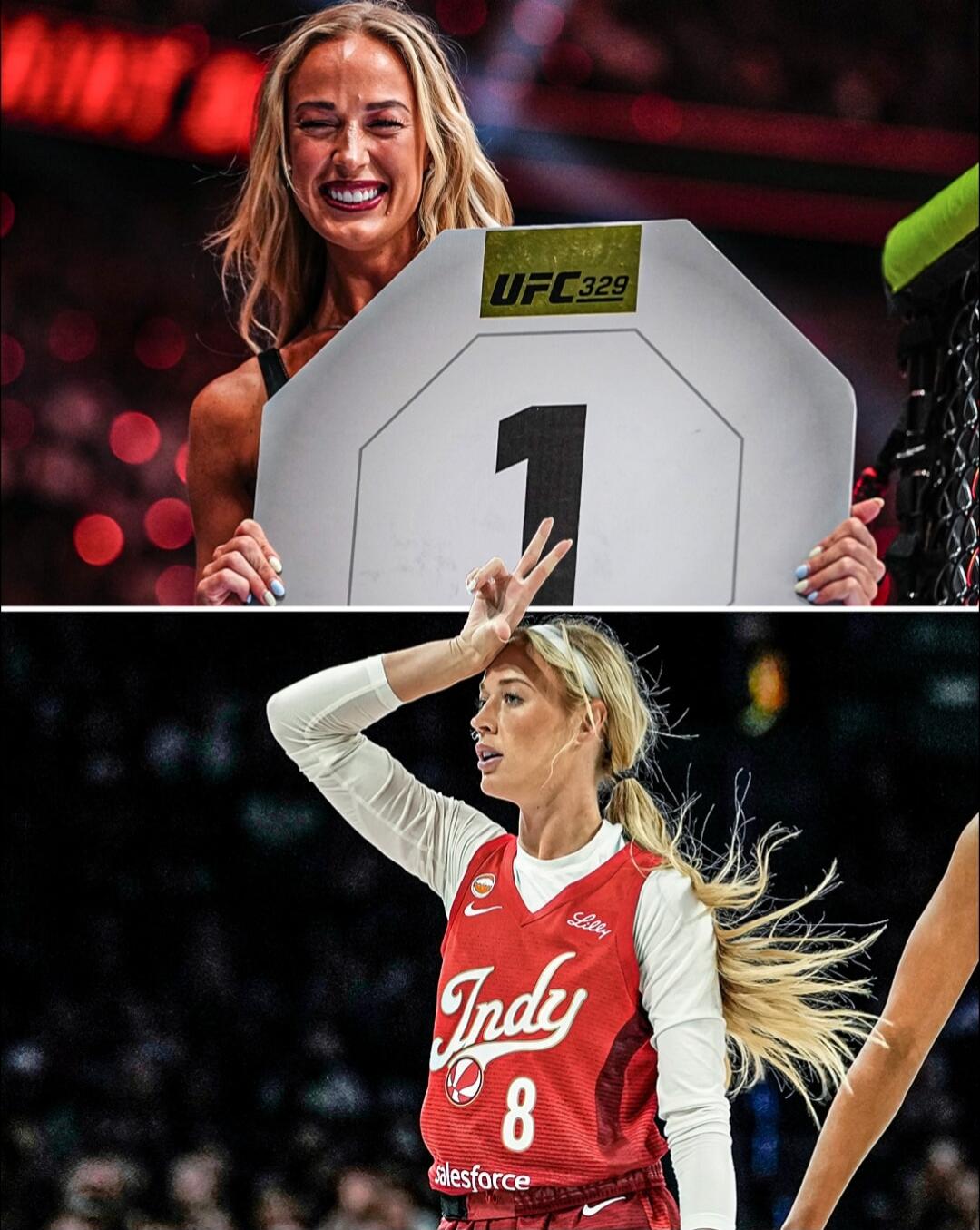 A blonde woman is shown in two different settings. In the top image, she is smiling and holding a sign for 'UFC 329' with the number '1' on it, making a peace sign. In the bottom image, she is wearing a red basketball jersey with 'Indy 8' and 'Salesforce' visible, with her hand on her forehead, appearing focused or tired.