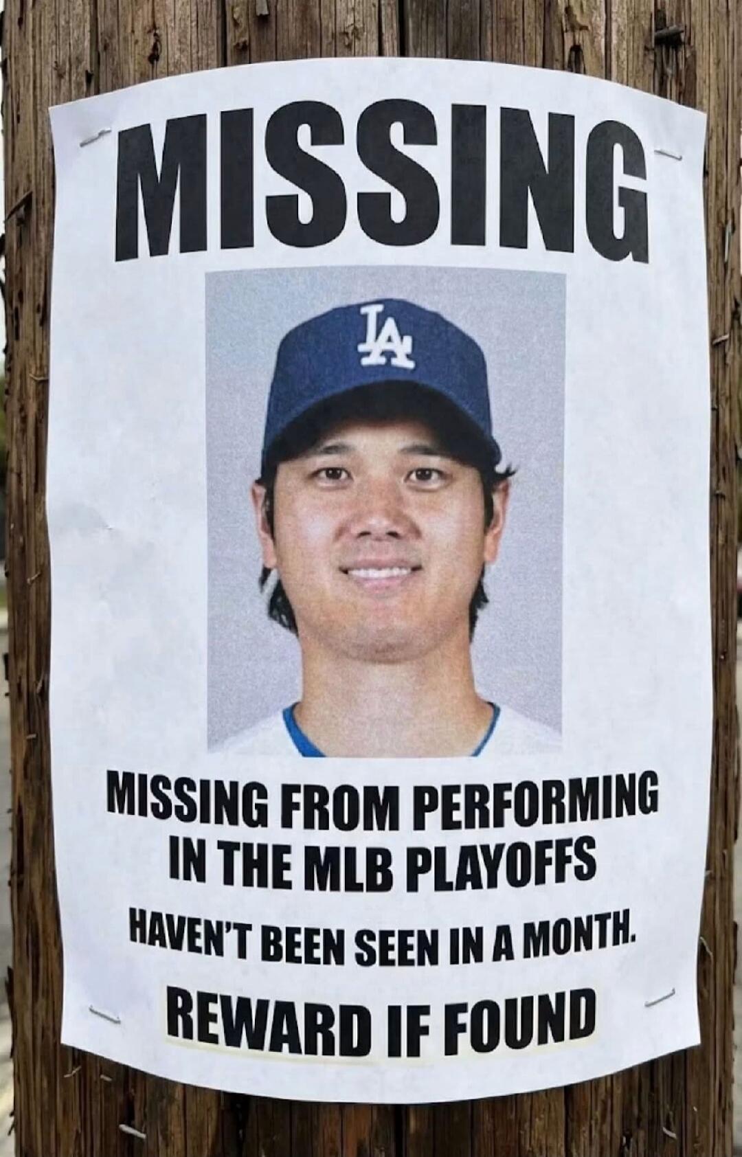 MISSING MISSING FROM PERFORMING IN THE MLB PLAYOFFS HAVEN'T BEEN SEEN IN A MONTH. REWARD IF FOUND