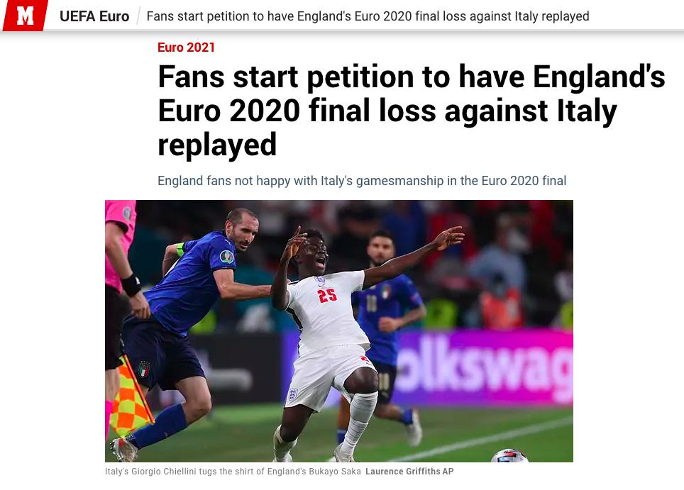 UEFA Euro Fans start petition to have Englands Euro 2020 final loss against Italy replayed Fans start petition to have Englands Euro 2020 final loss against Italy replayed England fans not happy with Italys gamesmanship in the Euro 2020 final