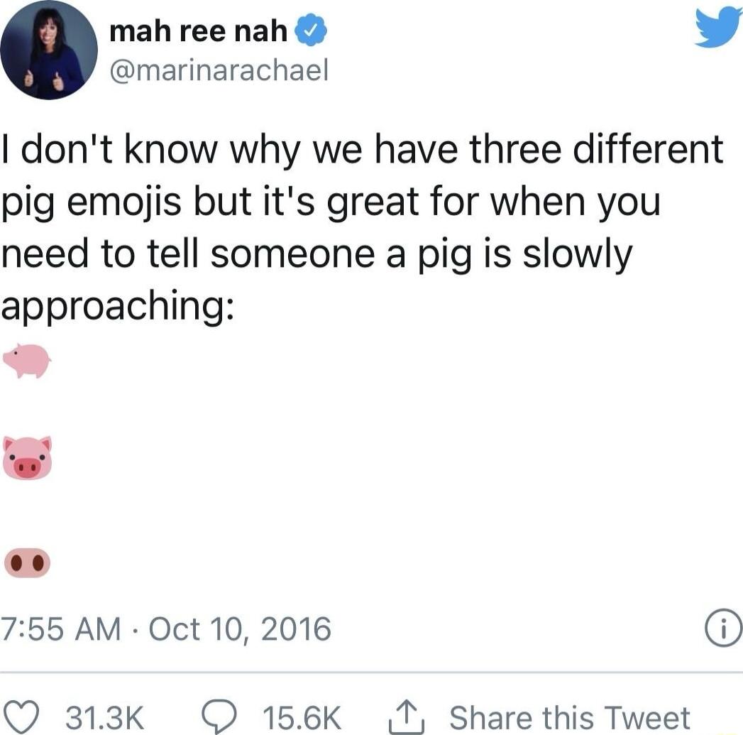 mah ree nah Y marinarachael dont know why we have three different pig emojis but its great for when you need to tell someone a pig is slowly approaching s 755 AM Oct 10 2016 O 313k O 156K 1 Share this Tweet