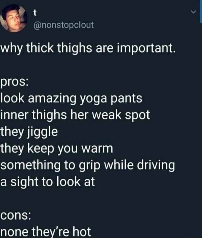 t v nonstopclout why thick thighs are important pros oIl TN EVAT BT R ENI S inner thighs her weak spot they jiggle QA CET RV something to grip while driving a sight to look at cons none theyre hot