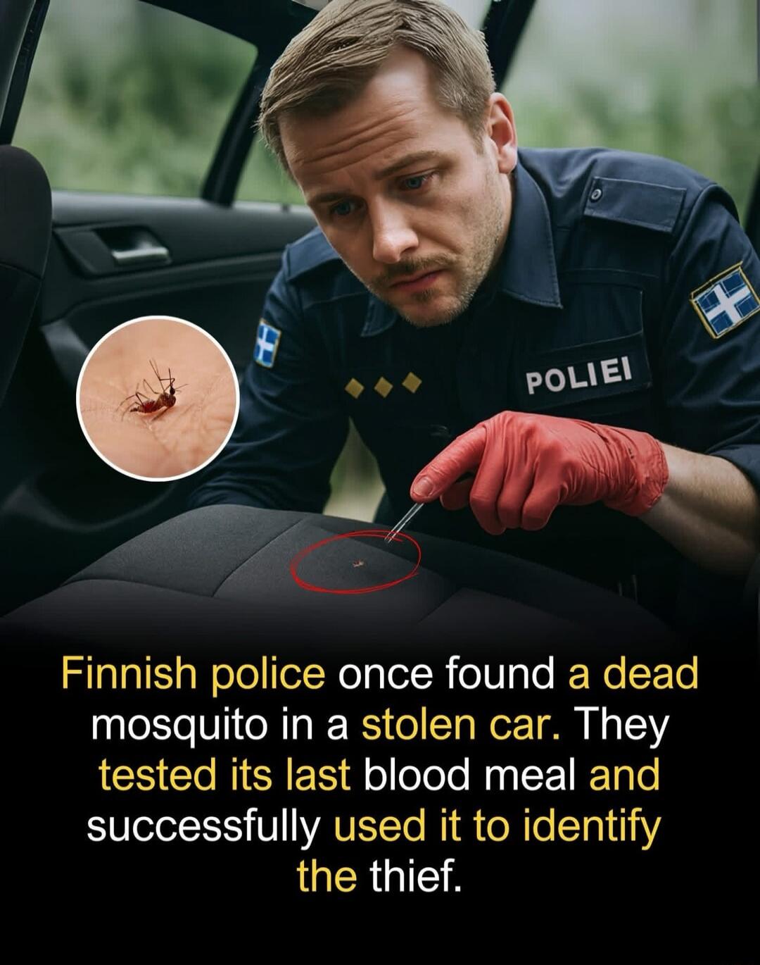 Finnish police once found a dead mosquito in a stolen car. They tested its last blood meal and successfully used it to identify the thief.