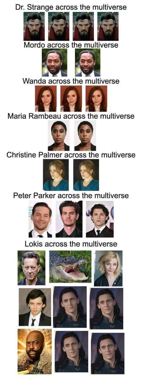 Dr Strange across the multiverse Wanda across the multiverse ann Maria Rambeau across the multiverse Christine Palmer across the multiverse Peter Parker across the multiverse