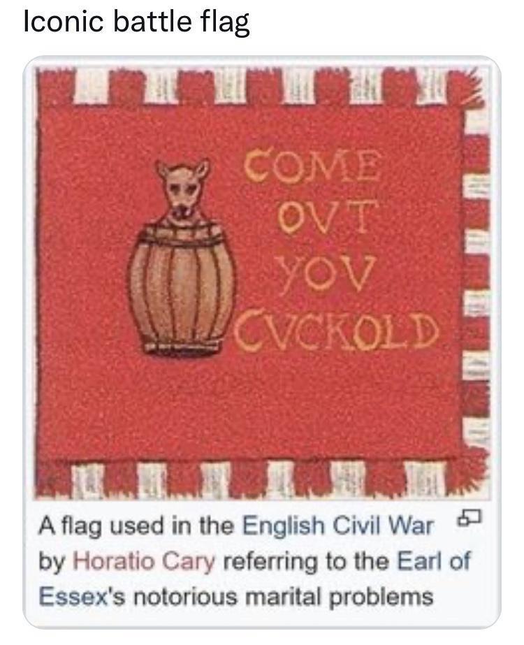Iconic battle flag BN B o B Aflag used in the English Civil War by Horatio Cary referring to the Earl of Essexs notorious marital problems