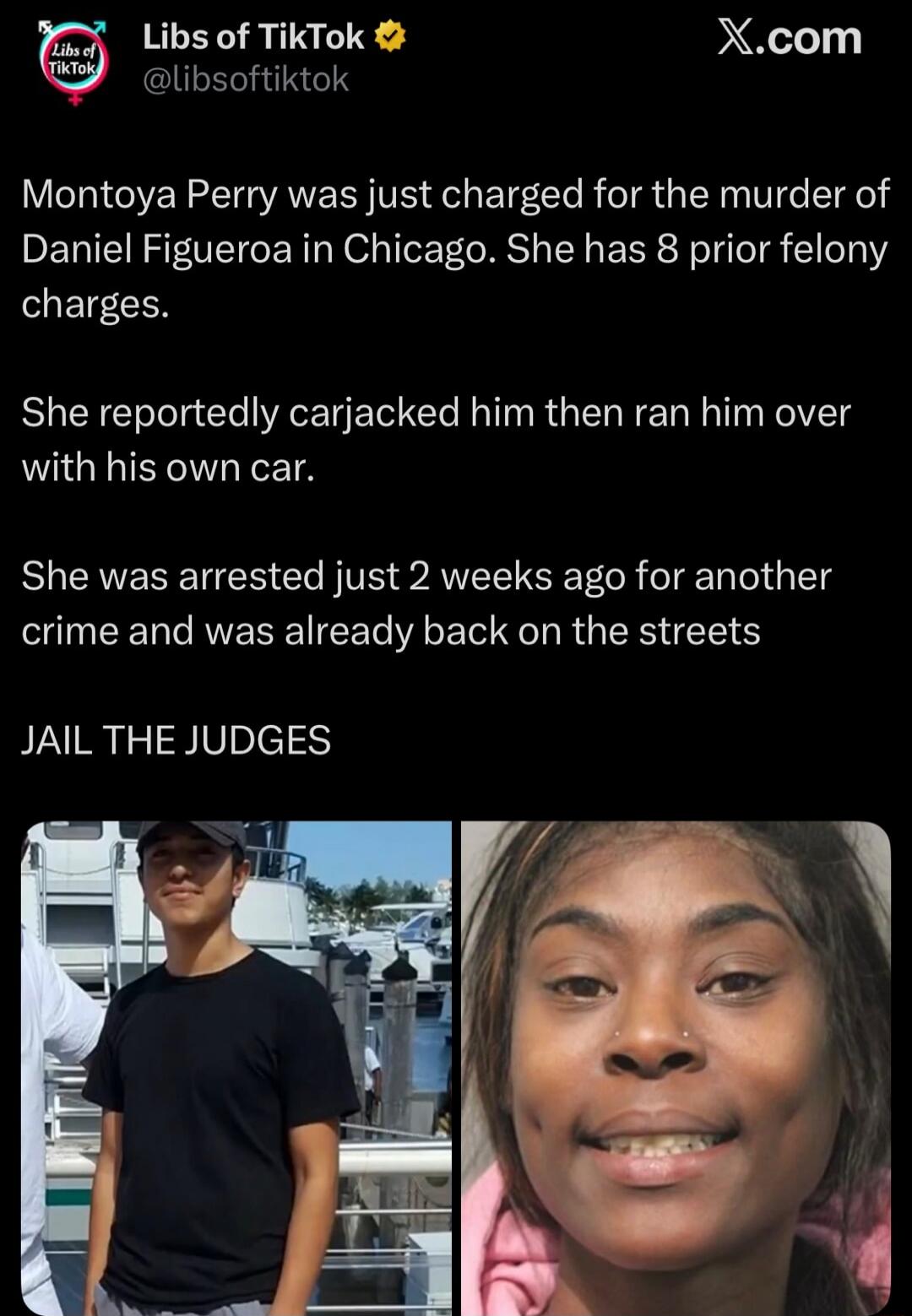 Montoya Perry was just charged for the murder of Daniel Figueroa in Chicago. She has 8 prior felony charges.

She reportedly carjacked him then ran him over with his own car.

She was arrested just 2 weeks ago for another crime and was already back on the streets

JAIL THE JUDGES