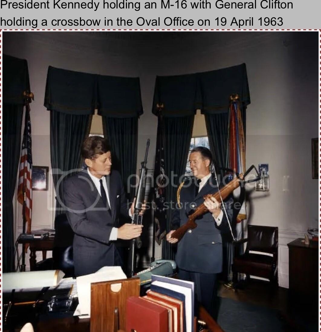 rresident Kennedy holding an M 16 holding a crossbow in the Oval Office on 19 April 1963