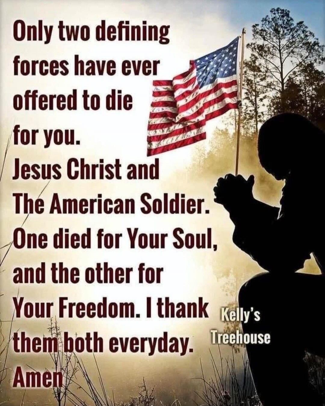 Only two defining forces have ever offered to die for you. Jesus Christ and The American Soldier. One died for Your Soul, and the other for Your Freedom. I thank them both everyday. Amen. Kelly's Treehouse