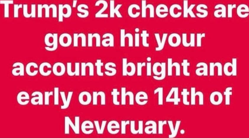 Trump's 2k checks are gonna hit your accounts bright and early on the 14th of Neveruary.