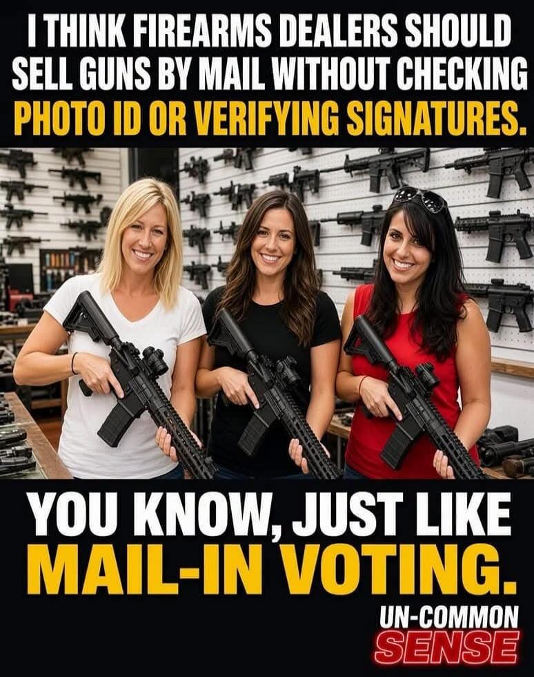 I THINK FIREARMS DEALERS SHOULD SELL GUNS BY MAIL WITHOUT CHECKING PHOTO ID OR VERIFYING SIGNATURES. YOU KNOW, JUST LIKE MAIL-IN VOTING. UN-COMMON SENSE